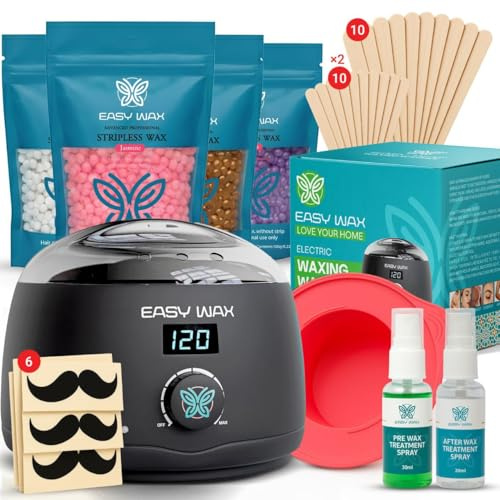Easy Wax Digital Waxing Kit for Women | Wax Warmer with Stripless Wax Beads | Pre and Post Wax Spray | Silicone Bowl and Wooden Sticks | Full Body Hair Removal at Home (Medium, Gentle scents)