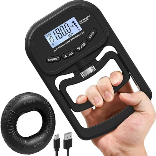 inaepeak 396lb / 180kg Handkraftmessgerät mit 50-60lb Silikonringe Griffkraft Trainer, Wiederaufladbares Elektronisches Handdynamometer, Digitaler Griffkraft Tester Verstellbarer Handgriff Dynamometer