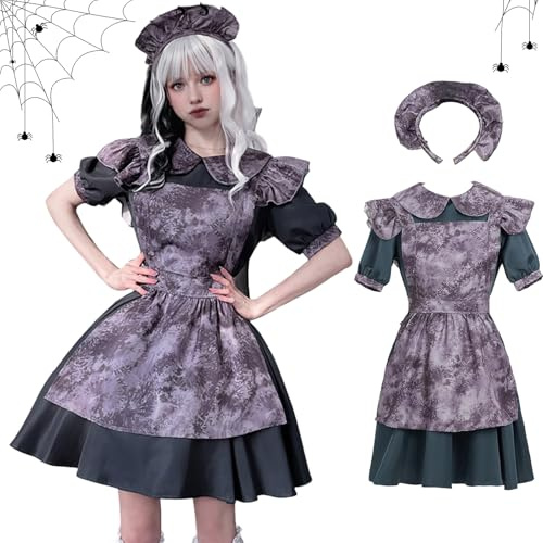 YushengTai Gothic Maid Dress, Gruselige Puppe Maid Outfit, Grauschwarz Halloween Hexen Kostüm für Damen, Vampir Maid Cosplay mit Stirnband, für Geisterhäuser, Themenpartys, Karneval (XL)