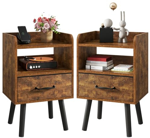 YMYNY Lot de 2 Tables de Chevet, Table d'Appoint de Canapé en Bois, Commode de Chevet, Tiroir en Tissu Détachable, Étagère Ouverte, 39x29x62 cm, pour Chambre à Coucher, Marron Rustiqu HST021H-2