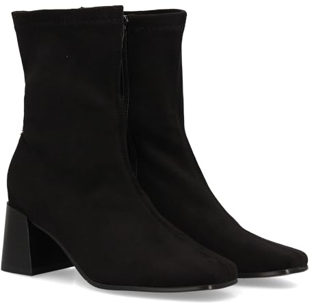 97725 Bota calcetin de cana media con acabado elastico y diseno minimalista. Punta cuadrada, cierre de cremallera, ajuste comodo y estilizado. Ideal para mujer temporada otono invierno. Negro Talla 37