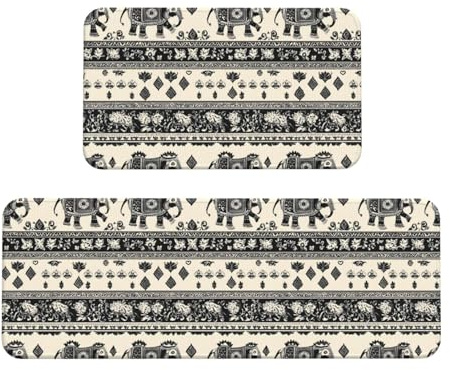 GVYGVY Tapetes de cocina antifatiga para suelo, 2 piezas, diseño retro de elefante, antideslizante, lavable, tapete de pie para oficina, lavandería, hogar, baño, decoración y accesorios