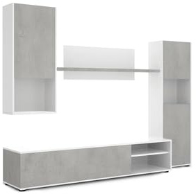 IBERA HOME Conjunto Muebles de Salón – Composición Moderna de 4 Piezas con Mueble TV, Vitrina Alta, Estante y Módulo Colgante – Disponible en Blanco con Cambria o Cemento (Blanco y Cemento)