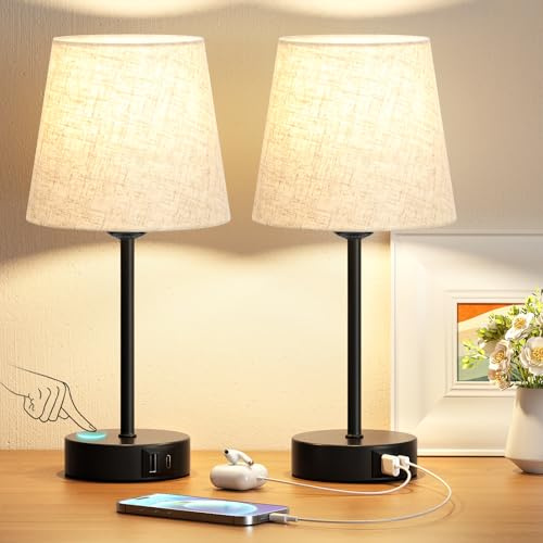 Nachttischlampe Touch Dimmbar 2er Set mit Ladefunktion USB A+C-Anschlüssen | Tischlampe mit Kabel, 3-fach Dimmbar, 2 LED-Birnen, Leinen-Lampenschirm, Lampe für Schlafzimmer Wohnzimmer Babyzimmer Büro