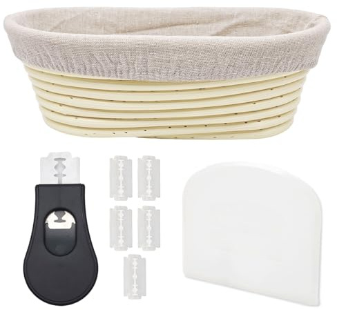 Cestino Lievitazione Pane Ovale 25cm con Taglierino per Pane,Tela di Lino,Cesto Lievitazione per Impasto,Pizza,Banneton Ovale per Panettieri Artigianali e Professionisti