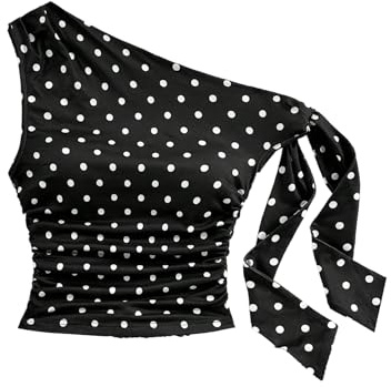 GORGLITTER Women's Polka Dots Crop Tops One Off Shoulder Cute Summer Top | Ruched, Tie Knot, Fitted, Casual, Festival, Going Out, Party, Holiday, Beach, Tank Top