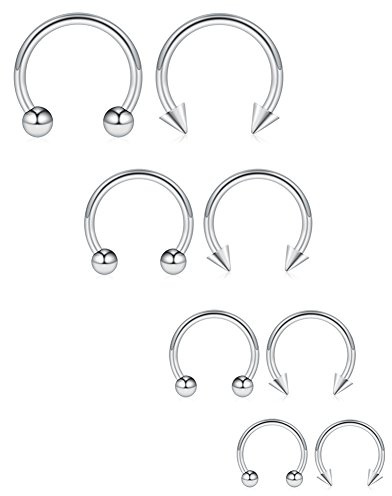 Ruifan 8PCS Surgical Steel CBR Nose Septum Horseshoe Earring Eyebrow Tongue Lip Piercing Ring with Balls & Spikes 16G 6-12mm - Silver