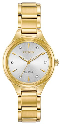 Citizen Women's Eco-Drive Dress Classic Diamond Watch in Gold-Tone Stainless Steel, Silver Dial (Model: FE2102-55A)
