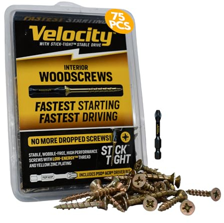 Velocity Interior 2 Inch Wood Screws DIY Pack (Size #8, 75 Pcs) – Zinc and Yellow Coating, Stick-Tight Technology, Screw for Wood Working with PSD ACR Driver Bit