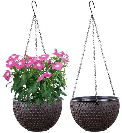 YuanDiann Hängende Blumentöpfe 2er Set, Selbstbewässerung Hängepflanztöpfe mit Wasserspeicher & Ablaufloch Bienenwabe Blumenampel mit Rostfrei Ketten für Innen Außen Decken Balkone Deko Beige S