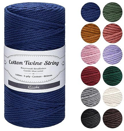 ilauke Makramee Garn 3 mm x 100 m, 4-lagig Baumwollgarn Macrame Cord Kordel Garn für Makramee Schnur DIY Handwerk, Basteln Weben Dekoration, Pflanzenbügel Aufhänger Stricken Blumenampel, Marineblau
