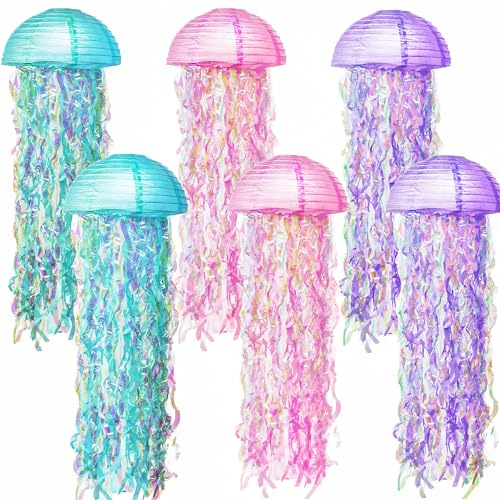 Novelty Place 6-Pack Jellyfish Paper Lanterns - Versatile Lantern Decoration with Glitter for Weddings, Birthdays, Mermaid Themes, Baby Showers and Under The Sea Parties 10, Pink, Green, Purple