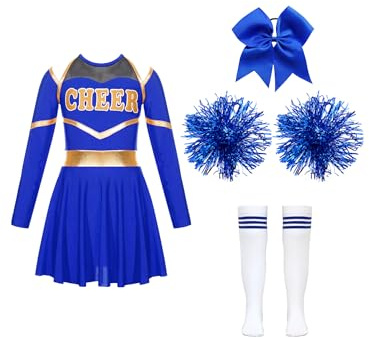 Alvivi Cheer Leader Kostüm Mädchen Cheerleading Uniform Langarm Kleid mit Pompoms Socken Stirnband Halloween Karneval Faschingskostüm Ab Blau A 134-140