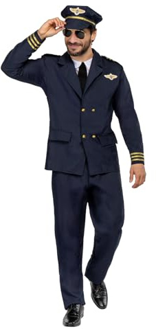 Funidelia Disfraz de piloto de aviones para hombre, Traje original con pechera, corbata, pantalón y gorra, Disfraces de Carnaval, Halloween y Fiestas – Talla XXL