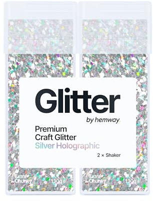 Hemway Craft Glitter Shaker Silver Holographic 130g x2 Pack Extra Chunky | for Resin & Epoxy Crafts, Christmas Art Supplies, Nail, Body, Face, Eye, Festival, Crafting, Slime, Sparkle