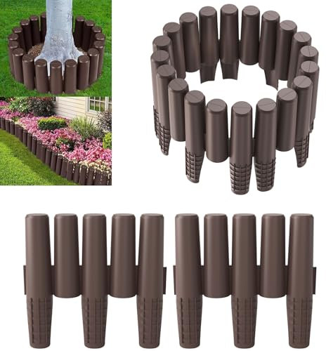 FIVMEN 2,8M Rasenkante Kunststoff Beeteinfassung Neu-Holzpfahl-Type Beetumrandung mit Bodenspieß & Schnalle, Flexible Schneidebar Gartenpalisade, Braun (10er, 28x24cm)