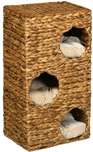 PawHut Tonneau à griffer, 76 cm de haut Tonneau pour chats avec 3 grottes, coussins lavables, arbre à chat, tour pour chats en jacinthe d'eau, marron clair