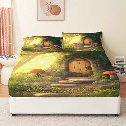 Spannbettlaken Set Zauberwald DruckSpannbetttuch Weiche Mikrofase 160 x 200 cm Grün mit 2 Kissenbezug 80x80cm für Jungen Bed Sheet Box Spring Bed Sheet Print 100% Microfiber