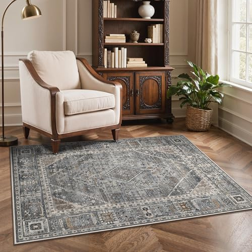 GENIMO - Tappeto Vintage 120x170cm - Antiscivolo, Lavabile, Con Pelo Corto - Per Soggiorno, Camera da Letto, Cucina - Grigio