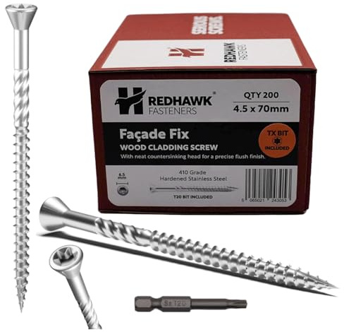 Box of 200 Redhawk Fasteners® Façade Fix Wood Cladding Screw | Stainless Steel | T-20 Torx Drive | Driver Bit Included | 4.5 x 70mm