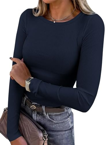 PRETTYGARDEN Women 2026 Fall Clothes Long Sleeve Shirts Ribbed Knit Fitted Basic Tee Going Out Tops Underscrub Casual Outfits (Navy Blue,Medium)