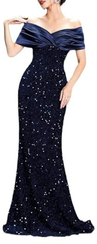 Madam Uniq Vestido de fiesta de lentejuelas con hombros descubiertos para mujer, elegante vestido para fiestas, cenas, bodas, ocasiones formales y diarias, Azul, S