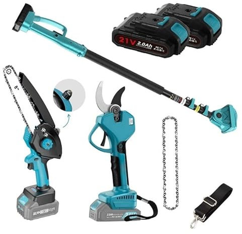 Kit de Poda a Bateria Profesional | Motosierra Lubricada con Depósito de Aceite + Tijeras de Podar Electricas 40 mm | Pertiga Telescopica hasta 4,5 m y Mango de Agarre | Incluye 2 Baterias