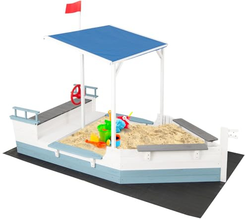 DREAMADE Piratenschiff Sandkasten mit Dach, Sandkasten aus Tannenholz mit Sitzbank, Stauraum, Bodenplane & Flaggen, Sandbox Sandkiste für Garten, Strand & Hof, für Kinder ab 3 Jahren