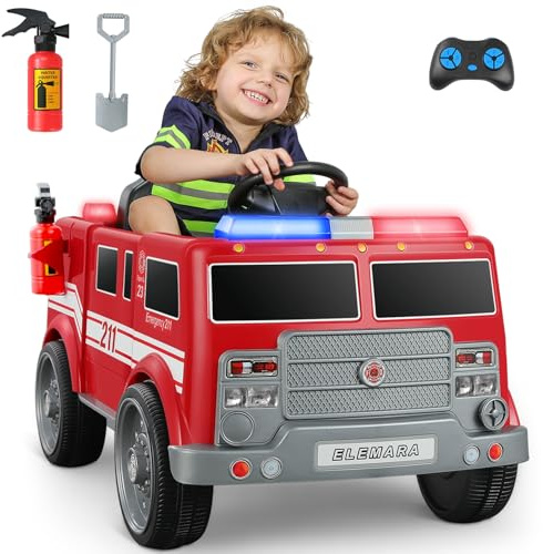 ELEMARA Véhicule électrique Pompier 12 V pour Enfants, Voiture Electrique Enfants-Petits avec télécommande parentale – Sirène, talkies-Walkies, Feux Clignotants,Bluetooth, Musique et USB