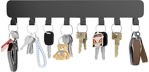 Josmimic Key Hook Wall Mount, Self Adhesive Metal Key Rack with 8 Hooks, No Drill Wall Key Hanger for Entryway, Kitchen, Office, Black
