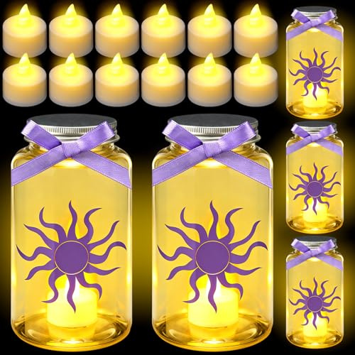 Gandeer 12 Sets Sun Centerpieces Purple Princess Birthday Decorations Purple Ribbon Decorative Jars with LED Tea Lights Table Decor for Sun Birthday Baby Shower Party