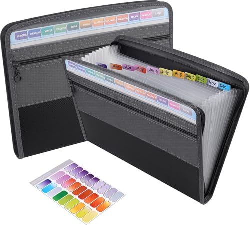 File Folder Organiser 13 Pockets, A4 Letter Size Accordion File Folder Document Organiser Expanding File Folders with Zipper Closure, Expandable - Black