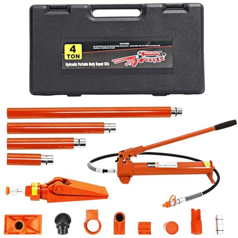4 Ton Porta Power Kit Heavy Duty Hydraulic Ram with Secure Transport Case for Auto Shop Frame Repair Construction Equipment Professional Grade Lifting Tool Orange