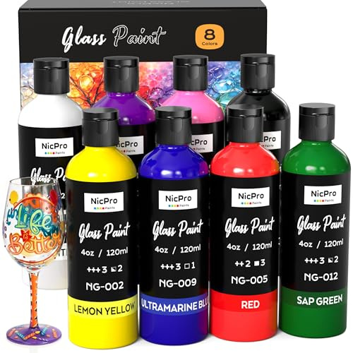 Nicpro 8 Colors Stained Glass Paint Set, 4oz / 120ml Waterproof Acrylic Enamel & Ceramic Glass Painting Kit for Arts on Transparent Wine Glasses Jars Windows with Color Wheel, Opaque Finish