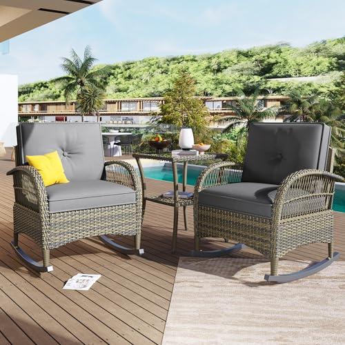 ECLIVON Conjunto de Jardin Exterior de Ratán para 2 Personas, 3 Piezas, Set Muebles Jardin con 2 Sillones y Mesa de Centro, Mecedora con Cojines, Juego de Muebles de Jardín para Terraza Patio (Gris)