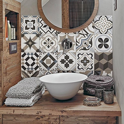 RE-COVERTILES - Autocollants Carrelage Salle de Bain et Cuisine 10 Pcs 20x20 cm - PS00089 Décoration murale en carrelage mosaïque PVC imperméable style carreaux de ciment Azulejos