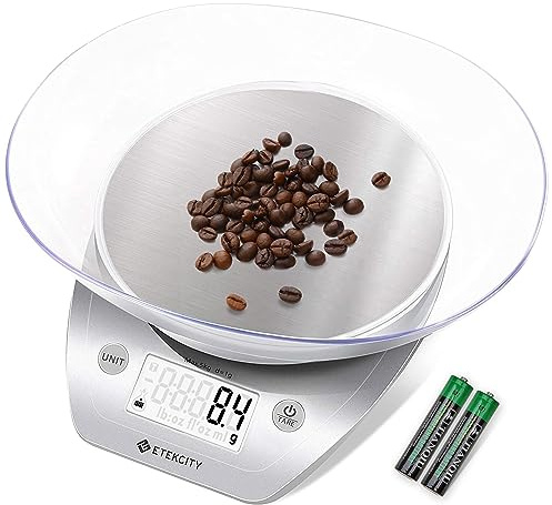 Etekcity 0.1g Food Kitchen Scale, Bowl, Digital Grams and Ounces for Weight Loss, Dieting, Baking, Cooking, and Meal Prep, 11lb/5kg, Stainless Steel Silver