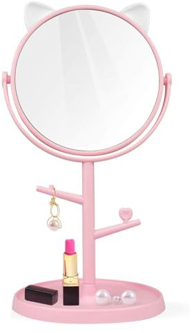 YUYTE Runder Schminkspiegel, Modischer Niedlicher Desktop Schmink Spiegel, Drehbarer Haushaltskosmetikspiegel mit Tablett, Tisch Kosmetikspiegel für die Reise(Katzenohren rosa)