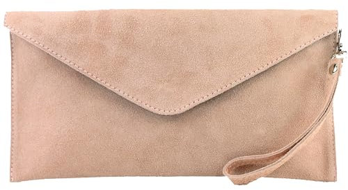 modamoda de T106 Damen Wildleder Rauleder Clutch Umhängetasche Abendtasche handmade in Italy, Farbe:Rosabeige