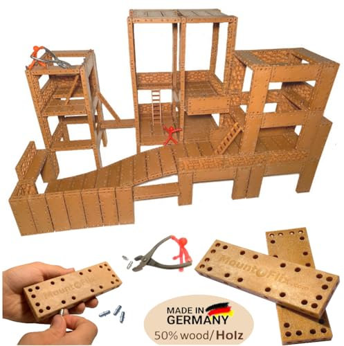 Basis-Set Mount-Flix Budget - kreatives Kinderspielzeug aus Biokunststoff mit 50% Holz, vielseitiges Kinder-Konstruktionsspielzeug, Baukasten mit 160 Bausteinen inkl. Zange und Stiften