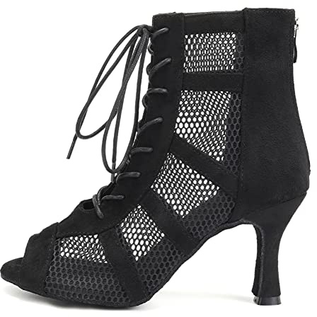 AOQUNFS Bottines de Danse Latine Femme Talon Haut Lacets Bottes de Salon pour Salsa Bachata Tango Samba Pratique et Performance,L446-Noir-8.5,EU38