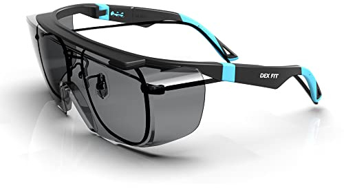 DEX FIT SG210 OTG │ Occhiali di sicurezza; protezione degli occhi Z87, anti-appannamento e antigraffio, regolabili, unisex, con protezione UV (montatura nera e blu, lenti oscurati)