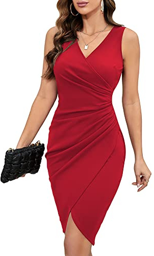 IHOT Dress for Women 2026 Wedding Guest V Neck Sleeveless Ruched Sheath Club Night Out Dress Midi Pettie Work Business Casual Cocktail Dress for Evening Party Red Small