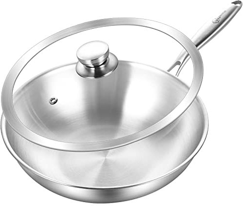 LOLYKITCH 12 Inch Tri-Ply Stainless Steel Wok Pan with Lid,Induction Stir-Fry Pan,Dishwasher and Oven Safe,Heavy Duty and Detachable Handle