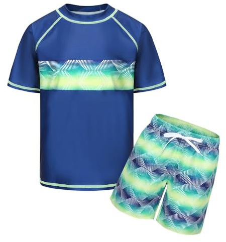 Jungen Kurzarm Badeset UV Shirt+Badeshort Kinder Zweiteiliger Badeanzug Schnelltrocknendes Schwimmanzug 158 164/13-14 Jahre