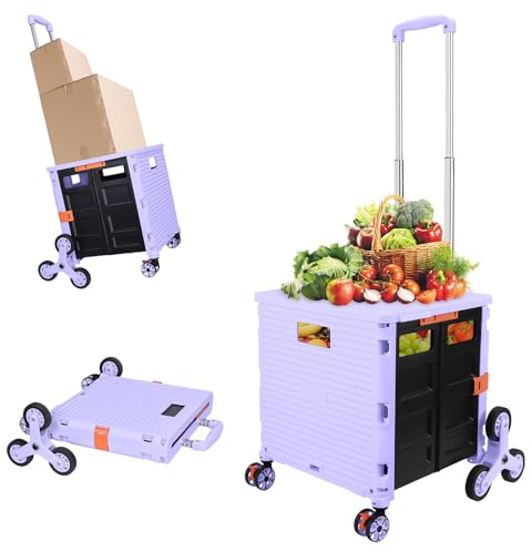 FELICON SELORSS Folding Utility Cart Portable Rolling Crate Handcart with Stair Climbing Wheels&360°Swivel Wheels Telescoping Handle Plastic Box Dolly for Travel Shop Move Office Teacher Use(Purple)