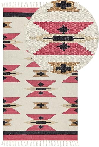 Beliani Tappeto Kilim in cotone tessuto a mano reversibile con motivo geometrico e nappe multicolore 80 x 150 cm