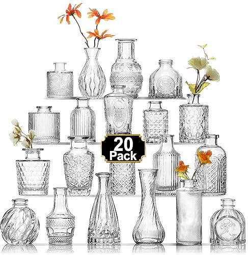 Arme 20 Pcs Bud Vase Set, Mini Vases for Flowers, Small Vintage Glass Vase for Centerpieces, Cute Clear Bud Vases for Home Flower Wedding Decorations