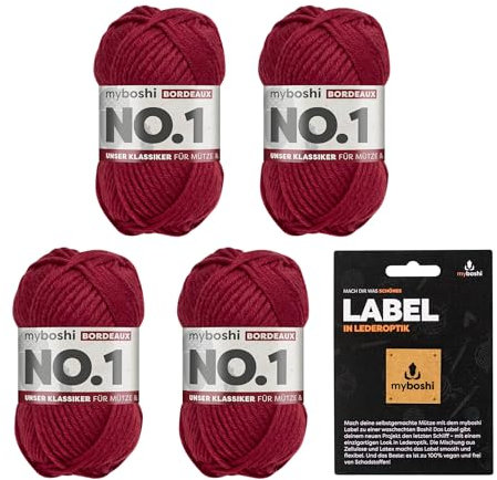 myboshi No.1 Wolle zum Häkeln und Stricken, Schnellstrickgarn, langlebige Mützenwolle, Strickwolle, Häkelwolle, mulesing-frei, Ll. 55m /50g, 30% Wolle (Merinowolle) Rot (Bordeaux) 4 Knäuel