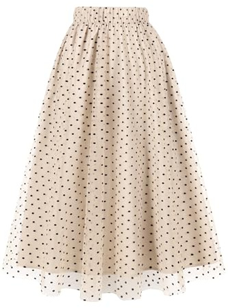 AXOE Donna Gonna Tulle Lunga Linea A Midi Elegante Elastico in Vita Alta Estiva Casual Ufficio Beige e Pois Nero, Taglia 48-52, XXL
